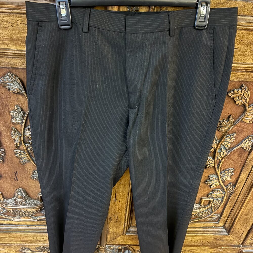 Calvin Klein Pinstripe Dress Pants Mens 33x30 Flat Front Dark Gray Work Office.